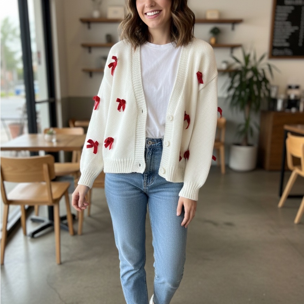 Luna‎ yvyWhite Cardigan with Red Accents